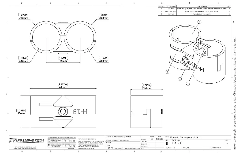 Parallel Connector Joint | 28mm Tube | Framing Tech