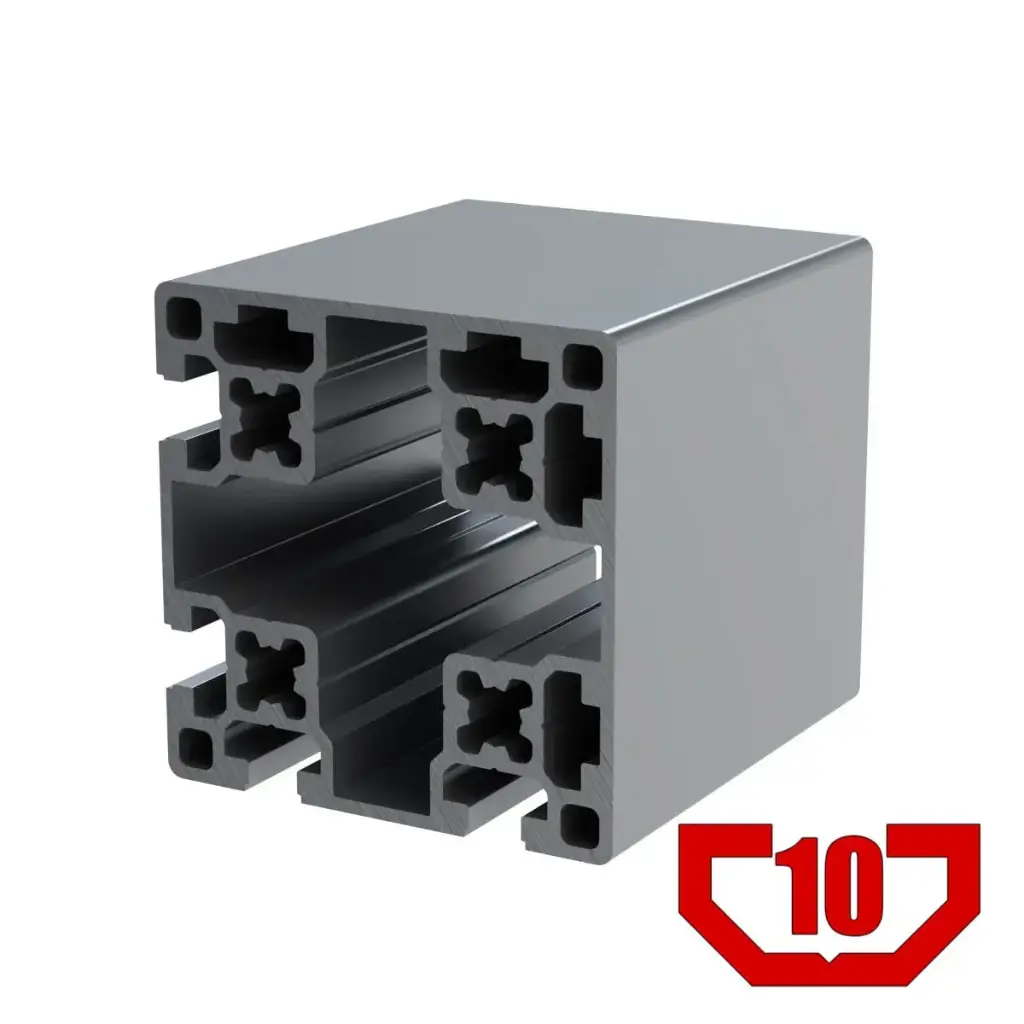 90mm x 90mm T-Slot Profile - 4 (10mm) TSlots Adjacent, 2 Smooth Sides
